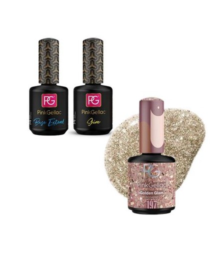 Pack: Base Extend + 197 Golden Glam + Top Coat Acabado Brillo Shine